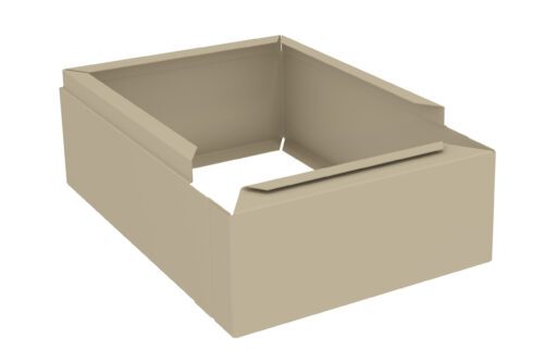 An open, unfolded beige cardboard box is shown against a white background, with its flaps partially folded inward.
