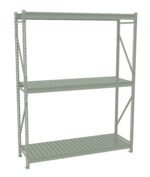 A freestanding metal shelf unit with three tiers. It has a simple, industrial design with perforated vertical supports and horizontal slats on each shelf. The color is a light gray. The shelves are open and empty.