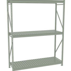 A freestanding metal shelf unit with three tiers. It has a simple, industrial design with perforated vertical supports and horizontal slats on each shelf. The color is a light gray. The shelves are open and empty.