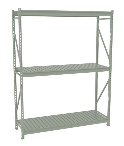 A freestanding metal shelf unit with three tiers. It has a simple, industrial design with perforated vertical supports and horizontal slats on each shelf. The color is a light gray. The shelves are open and empty.