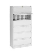 A white, vertical filing cabinet with five drawers is shown. The top drawer is open, revealing multiple file holders. The cabinet has a lock on the top drawer and a minimalist design with simple handles.