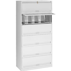 A white, vertical filing cabinet with five drawers is shown. The top drawer is open, revealing multiple file holders. The cabinet has a lock on the top drawer and a minimalist design with simple handles.