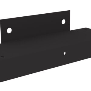 Black metal bracket with a flat surface and two perpendicular, vertical flanges on opposite ends, each with circular holes for mounting or attaching purposes.