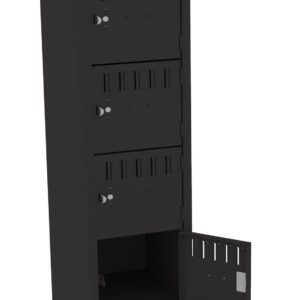 Tall black metal locker with six compartments, each with a small circular lock. The bottom compartment is open, revealing an empty interior. The locker stands on four short legs.
