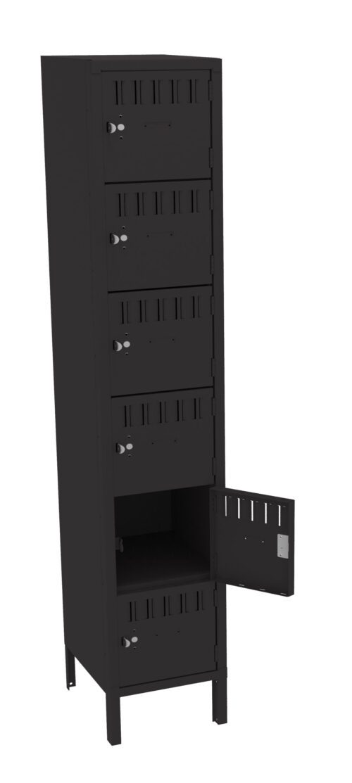 Tall black metal locker with six compartments, each with a small circular lock. The bottom compartment is open, revealing an empty interior. The locker stands on four short legs.