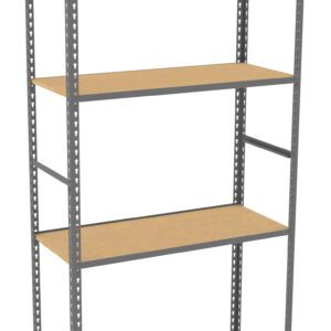 A metal shelving unit with four wooden shelves, evenly spaced. The frame is gray and perforated for adjustable shelf heights. The design is simple and functional, suitable for storage or organization.