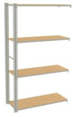A metal warehouse shelving unit with four wooden shelves. The structure is made of gray metal beams and brackets, and the shelves are evenly spaced, providing storage space. The background is white, highlighting the shelving unit.