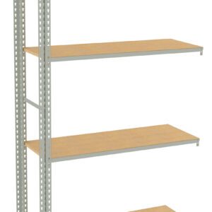 A metal warehouse shelving unit with four wooden shelves. The structure is made of gray metal beams and brackets, and the shelves are evenly spaced, providing storage space. The background is white, highlighting the shelving unit.