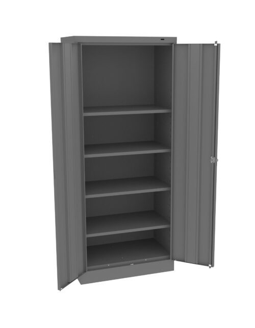 Open gray metal cabinet with five shelves and two doors, standing on a flat surface. The interior is empty, and the doors are slightly ajar, revealing the empty shelves inside.