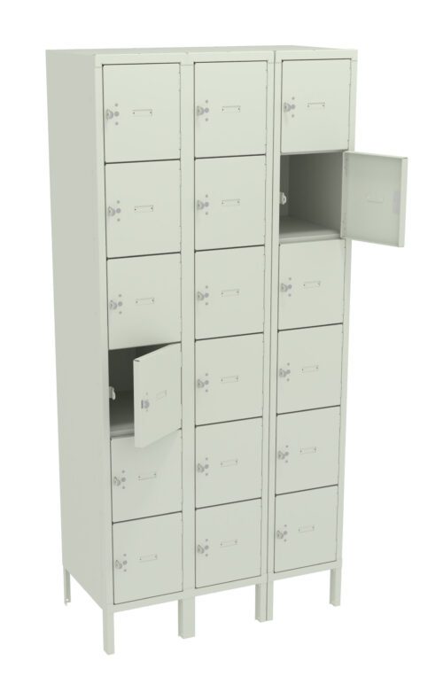y82ycyx0stuw8drcchja.jpg A row of three beige locker units, each with three columns and multiple small, square-shaped compartments. Some locker doors are open, revealing empty interior spaces.