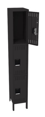 Black metal locker with three compartments. The top compartment door is open, revealing an empty space inside. The two lower compartments are closed, each with a handle. The locker stands on four legs.