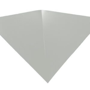 A simple grey paper airplane on a white background, viewed from the top showing its triangular shape and pointed tip.