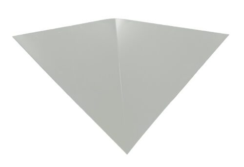 A simple grey paper airplane on a white background, viewed from the top showing its triangular shape and pointed tip.