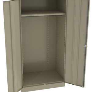 An open, beige metal cabinet with two doors, revealing an empty interior. The cabinet features one adjustable shelf at the top and a hanging rod underneath. The hinges and handle are visible on the front.