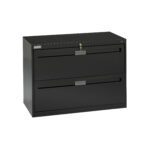 A black, two-drawer filing cabinet with a lock on the top drawer. The cabinet has a sleek, modern design and a label on the top left. Its placed against a plain white background.