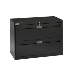 A black, two-drawer filing cabinet with a lock on the top drawer. The cabinet has a sleek, modern design and a label on the top left. Its placed against a plain white background.