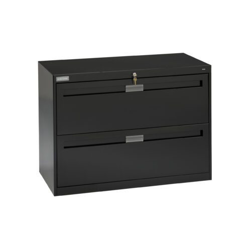 A black, two-drawer filing cabinet with a lock on the top drawer. The cabinet has a sleek, modern design and a label on the top left. Its placed against a plain white background.