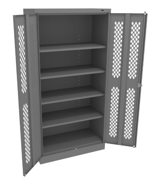 A gray metal cabinet with five shelves and perforated diamond-patterned doors is open, showing the empty interior.