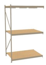 Three-tier beige metal storage shelving unit with wooden shelves, shown on a white background. The design includes a vertical support structure on the left side and open shelves suitable for organizing items.