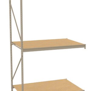 Three-tier beige metal storage shelving unit with wooden shelves, shown on a white background. The design includes a vertical support structure on the left side and open shelves suitable for organizing items.