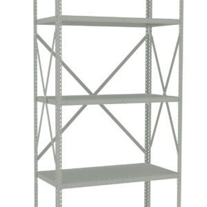 Tall, metal shelving unit with five adjustable perforated shelves and cross braces for support, set against a white background.