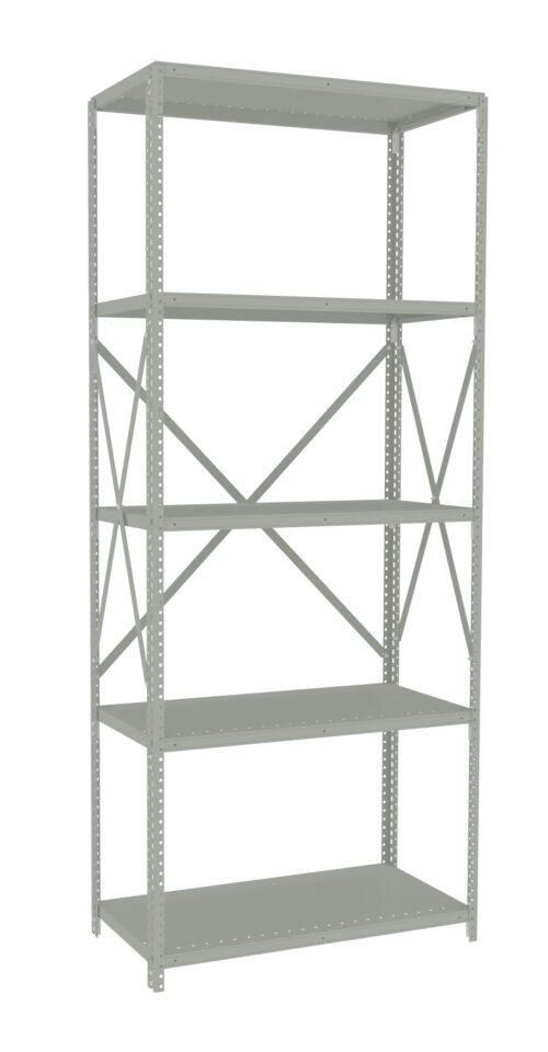 Tall, metal shelving unit with five adjustable perforated shelves and cross braces for support, set against a white background.