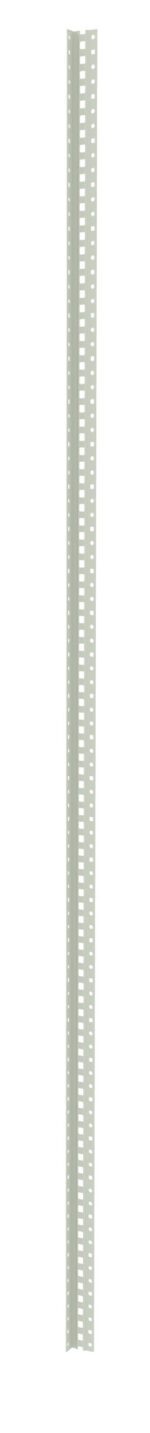 A long, vertical metal strip with evenly spaced holes running along its length, resembling a perforated or slotted angle iron, isolated on a white background.