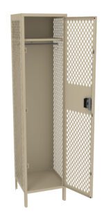 A beige metal locker with a diamond-patterned mesh door is open, revealing an empty interior with a hanging rod at the top. The locker stands on four legs and has a lock mechanism on the door.