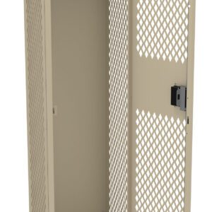 A beige metal locker with a diamond-patterned mesh door is open, revealing an empty interior with a hanging rod at the top. The locker stands on four legs and has a lock mechanism on the door.
