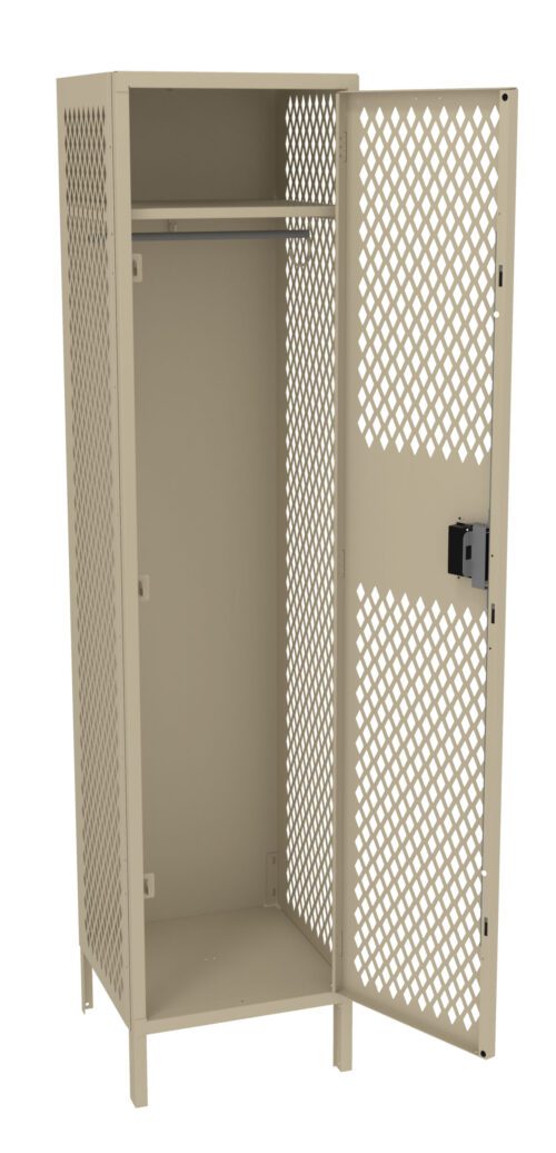 A beige metal locker with a diamond-patterned mesh door is open, revealing an empty interior with a hanging rod at the top. The locker stands on four legs and has a lock mechanism on the door.