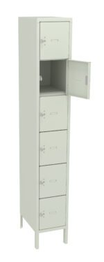 A tall off-white locker with six compartments, one of which is open, revealing an empty space inside. The locker stands on four short legs and each compartment has a handle and a lock.