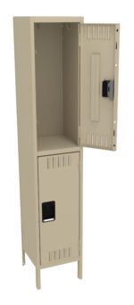 A beige, metal locker with one upper compartment door open showing an empty interior. The lower compartment is closed. The locker has a vented design with a small black latch on each door.