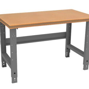 A workshop table with a wooden tabletop and metal legs. The legs are adjustable, with holes for height modification. The table is sturdy and designed for use in workshops or garages. The tabletop is light brown, and the metal legs are gray.