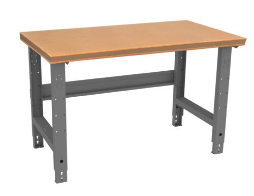 A workshop table with a wooden tabletop and metal legs. The legs are adjustable, with holes for height modification. The table is sturdy and designed for use in workshops or garages. The tabletop is light brown, and the metal legs are gray.