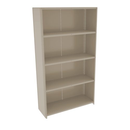 A tall, beige metal shelving unit with five adjustable shelves. The design is simple and industrial, ideal for storage or organizing items in a home or office space.