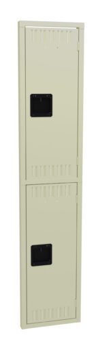 A beige, double-tier metal locker with ventilation slots on the doors and black handles. The locker is tall and narrow, designed for storage, and shown against a plain white background.