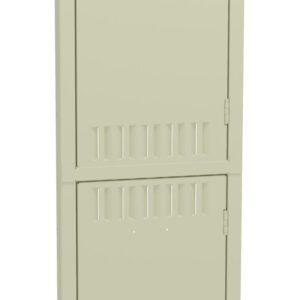 A beige, double-tier metal locker with ventilation slots on the doors and black handles. The locker is tall and narrow, designed for storage, and shown against a plain white background.