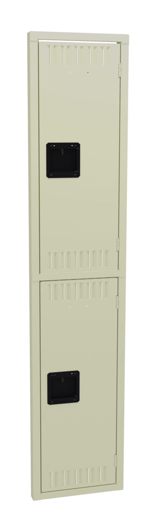 A beige, double-tier metal locker with ventilation slots on the doors and black handles. The locker is tall and narrow, designed for storage, and shown against a plain white background.