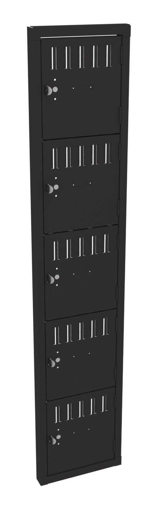 ybyyrupc6jahms9jqmmo.jpg A tall, black metal locker with five compartments, each having a round combination lock. Vertical vents are present on each door, providing ventilation. The design is minimalistic, suitable for secure storage in various settings.