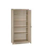 A beige metal storage cabinet with four adjustable shelves and two open doors. The interior is empty, and the cabinet stands against a plain white background.