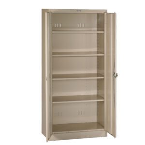 A beige metal storage cabinet with four adjustable shelves and two open doors. The interior is empty, and the cabinet stands against a plain white background.