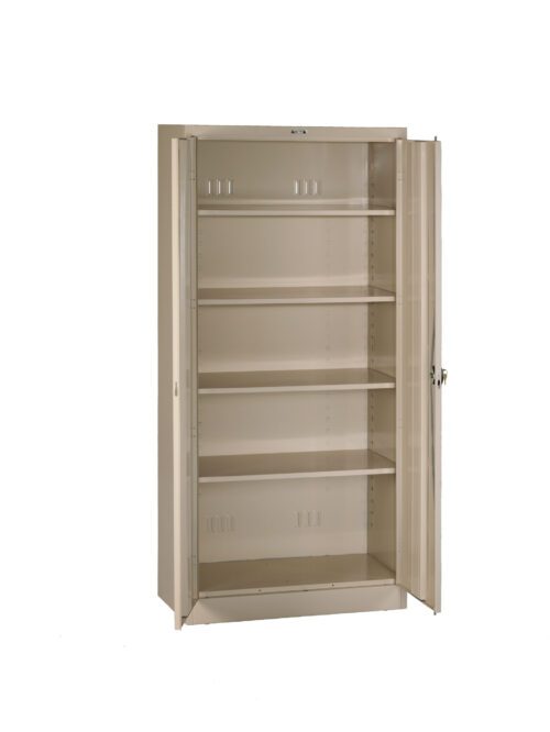 A beige metal storage cabinet with four adjustable shelves and two open doors. The interior is empty, and the cabinet stands against a plain white background.