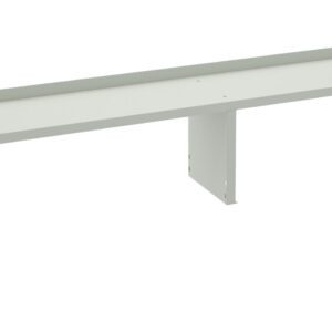 A long, light gray metal shelf bracket with a minimalistic design, featuring a flat top surface and folded sides. It has multiple holes for mounting and is supported by two vertical brackets underneath.