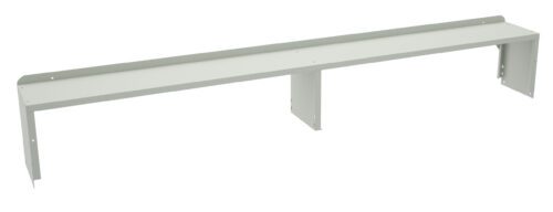 yck4lxce34uqesejvwh0.jpg A long, light gray metal shelf bracket with a minimalistic design, featuring a flat top surface and folded sides. It has multiple holes for mounting and is supported by two vertical brackets underneath.