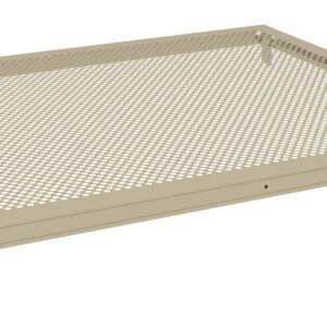 Illustration of a rectangular, beige metal mesh frame with small, evenly spaced holes. The frame is supported by several brackets on each side.