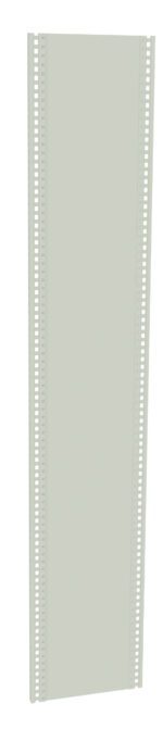 A vertical, blank, light gray piece of perforated paper tape from an old computer or teleprinter. The tape has evenly spaced holes along both edges.