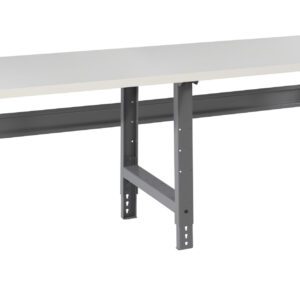 A long, rectangular table with a white tabletop and sturdy gray metal legs. The design features adjustable legs and a support bar underneath for added stability.