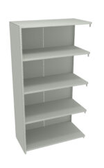 A tall, light gray metal shelving unit with five adjustable shelves. The unit is freestanding and empty, with perforated sides for shelf adjustment.