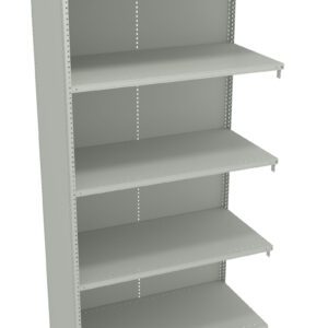 A tall, light gray metal shelving unit with five adjustable shelves. The unit is freestanding and empty, with perforated sides for shelf adjustment.