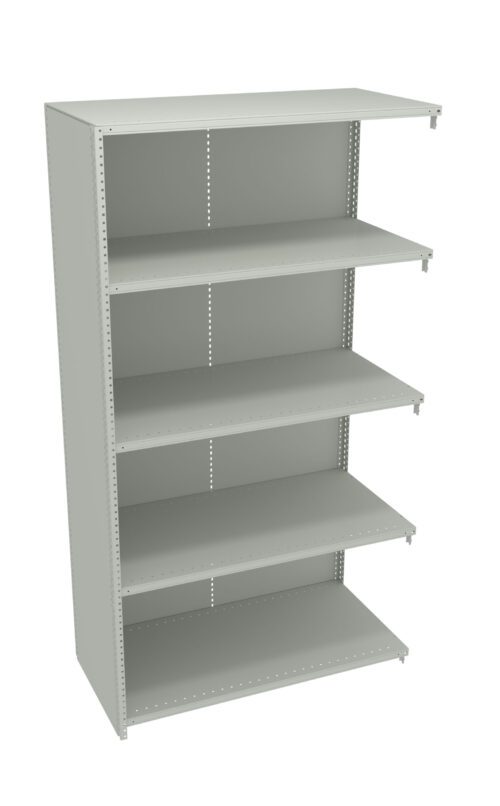 A tall, light gray metal shelving unit with five adjustable shelves. The unit is freestanding and empty, with perforated sides for shelf adjustment.